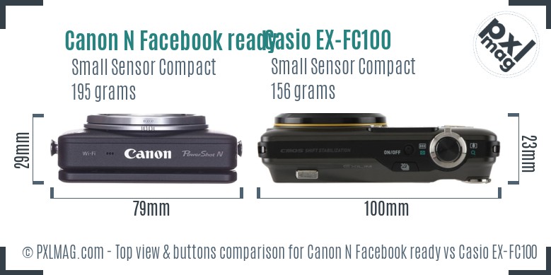 Canon N Facebook ready vs Casio EX-FC100 top view buttons comparison