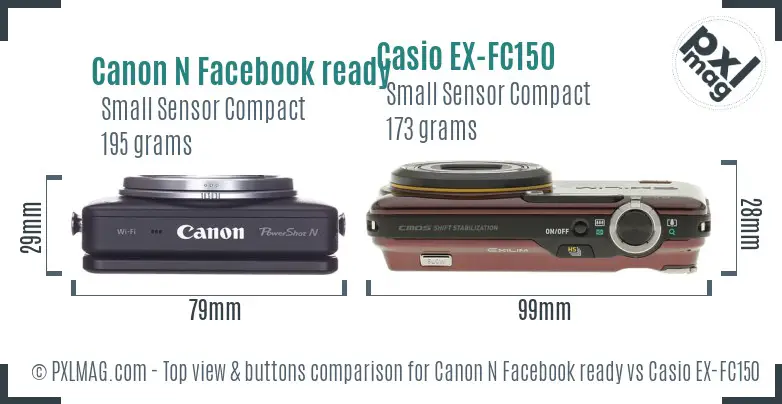 Canon N Facebook ready vs Casio EX-FC150 top view buttons comparison Canon N Facebook ready vs Casio EX-FC150 top view buttons comparison