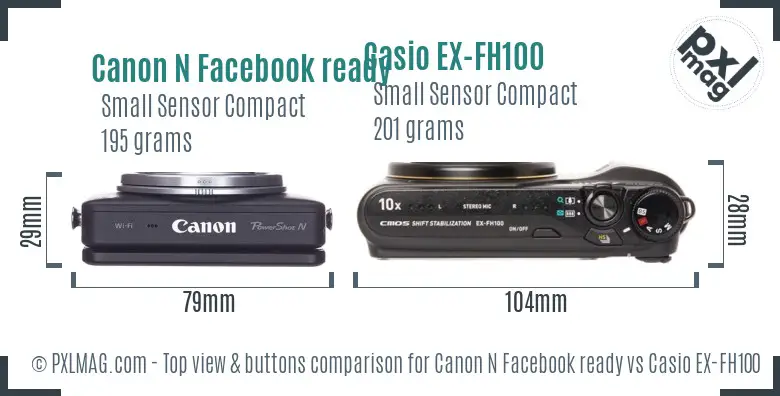 Canon N Facebook ready vs Casio EX-FH100 top view buttons comparison Canon N Facebook ready vs Casio EX-FH100 top view buttons comparison
