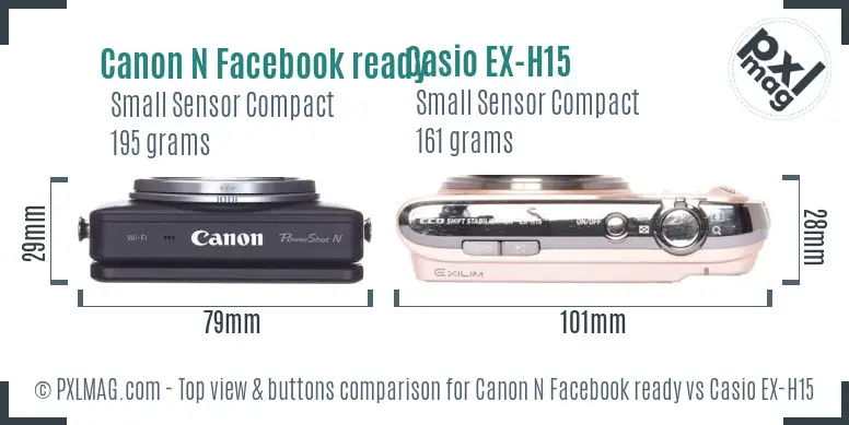 Canon N Facebook ready vs Casio EX-H15 top view buttons comparison