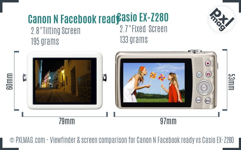 Canon N Facebook ready vs Casio EX-Z280 Screen and Viewfinder comparison