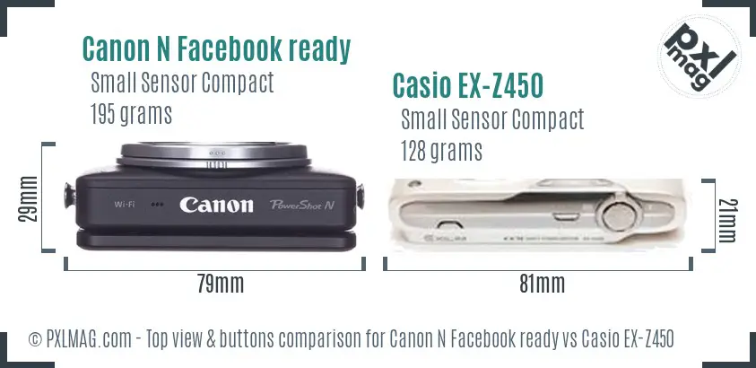 Canon N Facebook ready vs Casio EX-Z450 top view buttons comparison Canon N Facebook ready vs Casio EX-Z450 top view buttons comparison