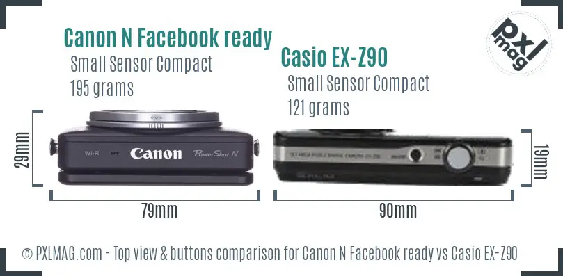 Canon N Facebook ready vs Casio EX-Z90 top view buttons comparison