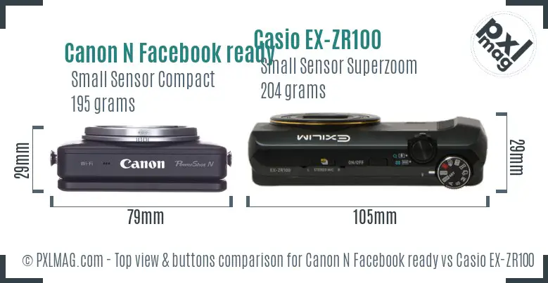 Canon N Facebook ready vs Casio EX-ZR100 top view buttons comparison