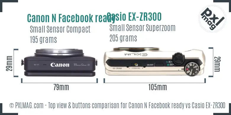 Canon N Facebook ready vs Casio EX-ZR300 top view buttons comparison Canon N Facebook ready vs Casio EX-ZR300 top view buttons comparison