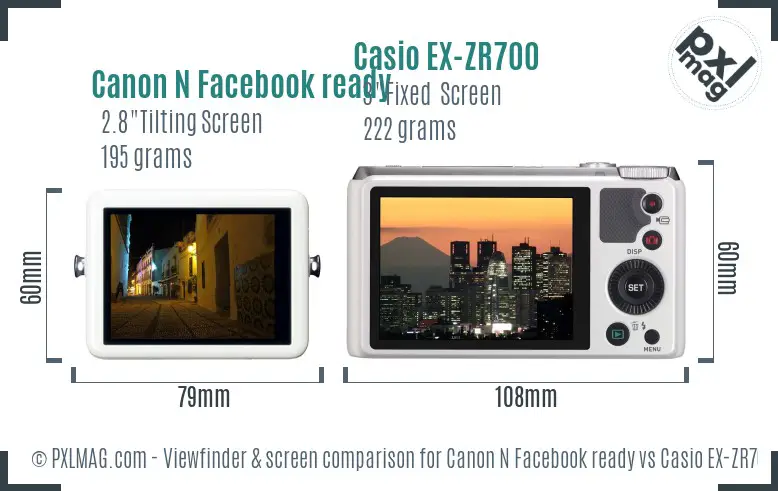 Canon N Facebook ready vs Casio EX-ZR700 Screen and Viewfinder comparison