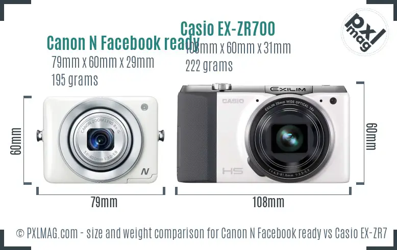 Canon N Facebook ready vs Casio EX-ZR700 size comparison