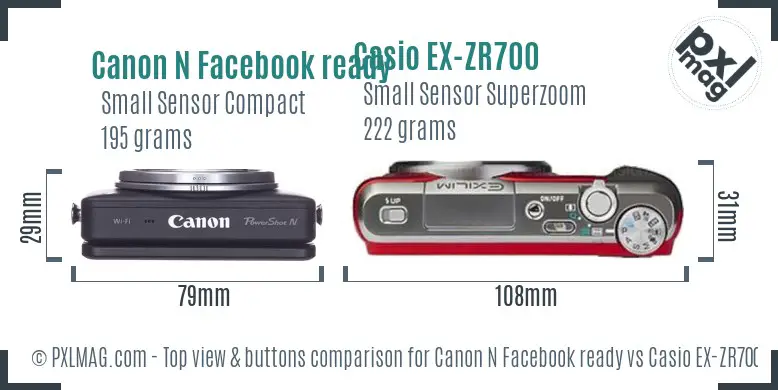 Canon N Facebook ready vs Casio EX-ZR700 top view buttons comparison