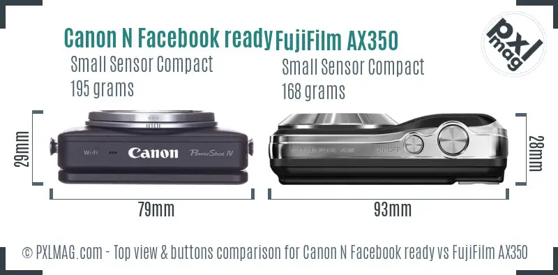 Canon N Facebook ready vs FujiFilm AX350 top view buttons comparison