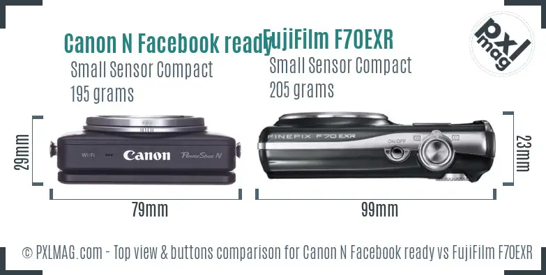 Canon N Facebook ready vs FujiFilm F70EXR top view buttons comparison