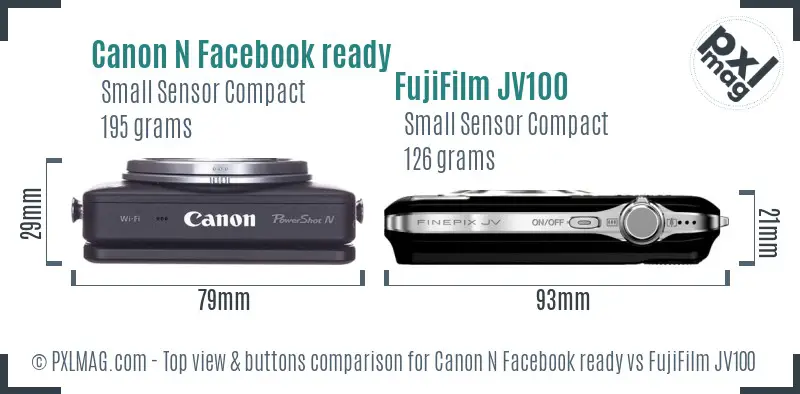 Canon N Facebook ready vs FujiFilm JV100 top view buttons comparison