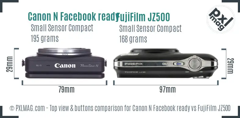 Canon N Facebook ready vs FujiFilm JZ500 top view buttons comparison Canon N Facebook ready vs FujiFilm JZ500 top view buttons comparison