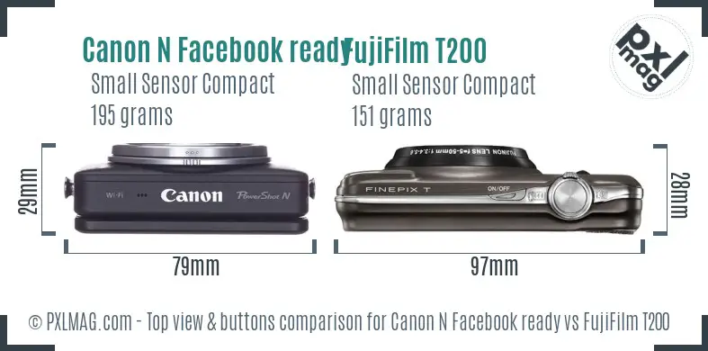 Canon N Facebook ready vs FujiFilm T200 top view buttons comparison Canon N Facebook ready vs FujiFilm T200 top view buttons comparison