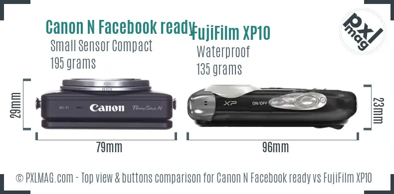 Canon N Facebook ready vs FujiFilm XP10 top view buttons comparison Canon N Facebook ready vs FujiFilm XP10 top view buttons comparison