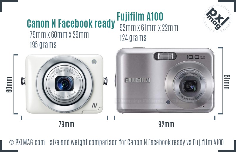 Canon N Facebook ready vs Fujifilm A100 size comparison Canon N Facebook ready vs Fujifilm A100 size comparison