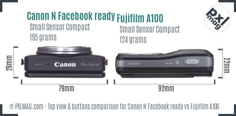 Canon N Facebook ready vs Fujifilm A100 top view buttons comparison