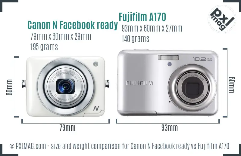 Canon N Facebook ready vs Fujifilm A170 size comparison