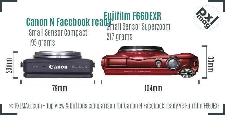 Canon N Facebook ready vs Fujifilm F660EXR top view buttons comparison