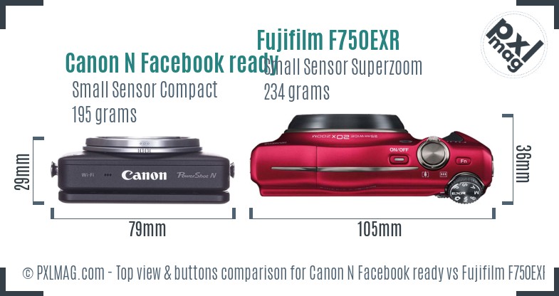 Canon N Facebook ready vs Fujifilm F750EXR top view buttons comparison