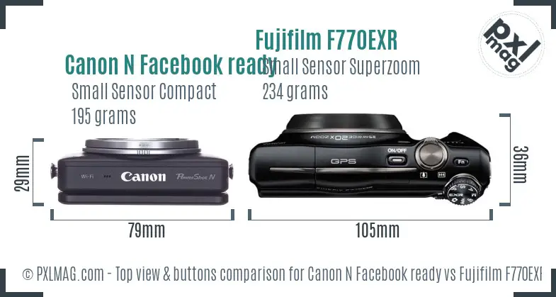 Canon N Facebook ready vs Fujifilm F770EXR top view buttons comparison Canon N Facebook ready vs Fujifilm F770EXR top view buttons comparison