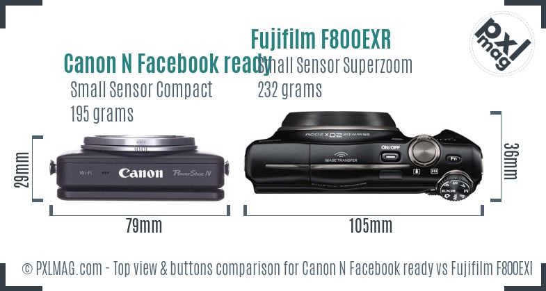 Canon N Facebook ready vs Fujifilm F800EXR top view buttons comparison