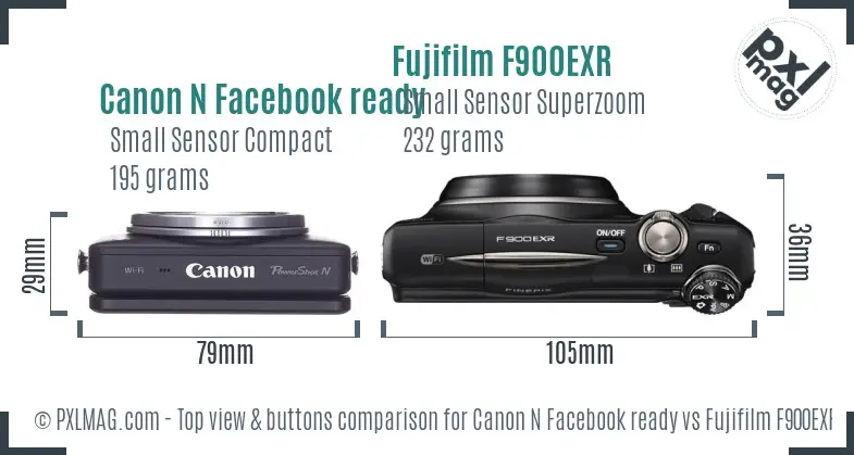 Canon N Facebook ready vs Fujifilm F900EXR top view buttons comparison