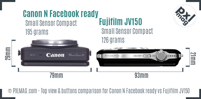 Canon N Facebook ready vs Fujifilm JV150 top view buttons comparison