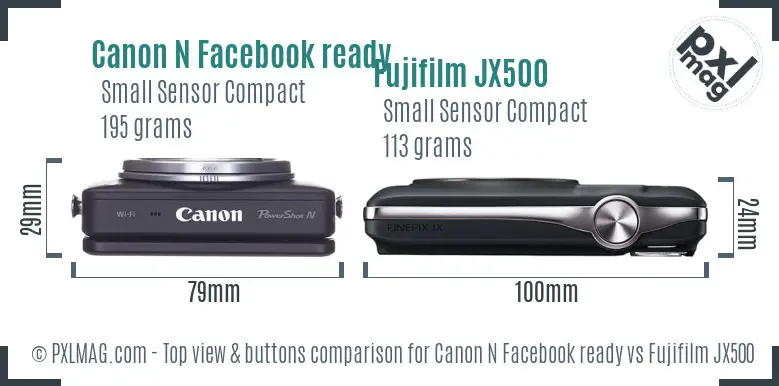 Canon N Facebook ready vs Fujifilm JX500 top view buttons comparison Canon N Facebook ready vs Fujifilm JX500 top view buttons comparison