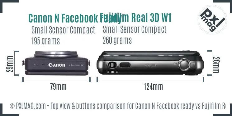 Canon N Facebook ready vs Fujifilm Real 3D W1 top view buttons comparison Canon N Facebook ready vs Fujifilm Real 3D W1 top view buttons comparison
