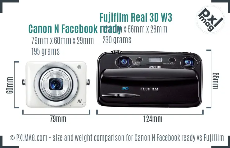 Canon N Facebook ready vs Fujifilm Real 3D W3 size comparison