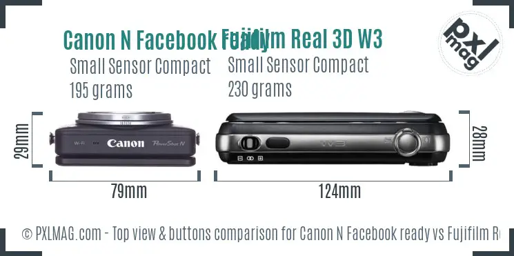 Canon N Facebook ready vs Fujifilm Real 3D W3 top view buttons comparison