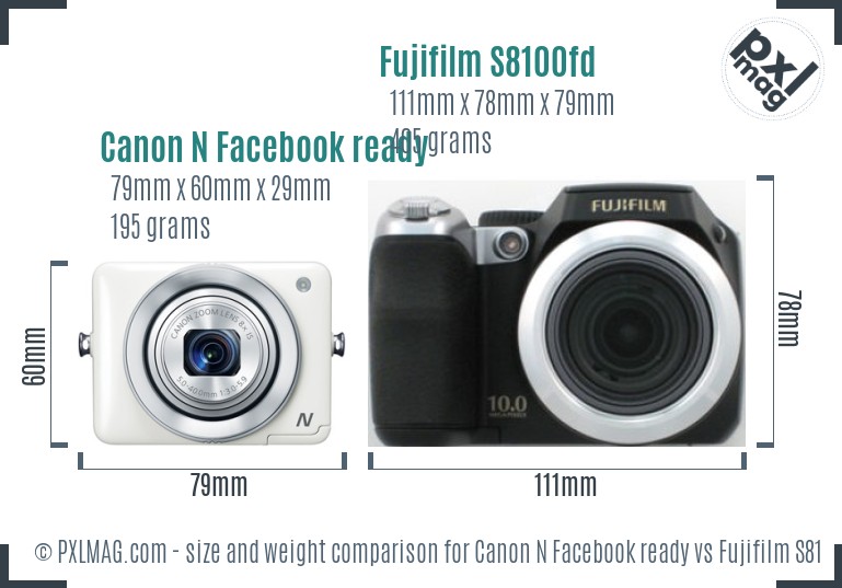 Canon N Facebook ready vs Fujifilm S8100fd size comparison