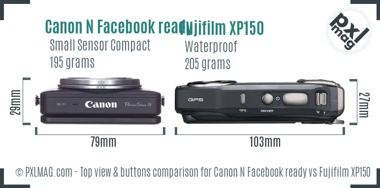 Canon N Facebook ready vs Fujifilm XP150 top view buttons comparison