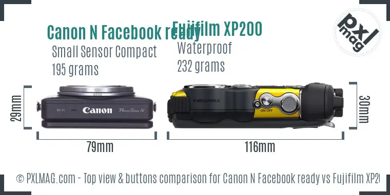 Canon N Facebook ready vs Fujifilm XP200 top view buttons comparison