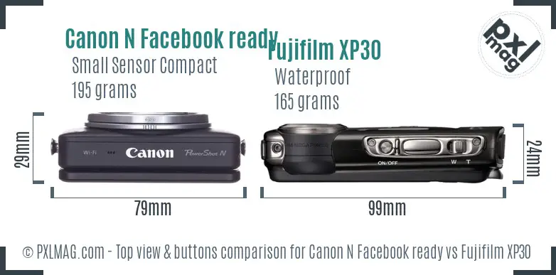 Canon N Facebook ready vs Fujifilm XP30 top view buttons comparison Canon N Facebook ready vs Fujifilm XP30 top view buttons comparison