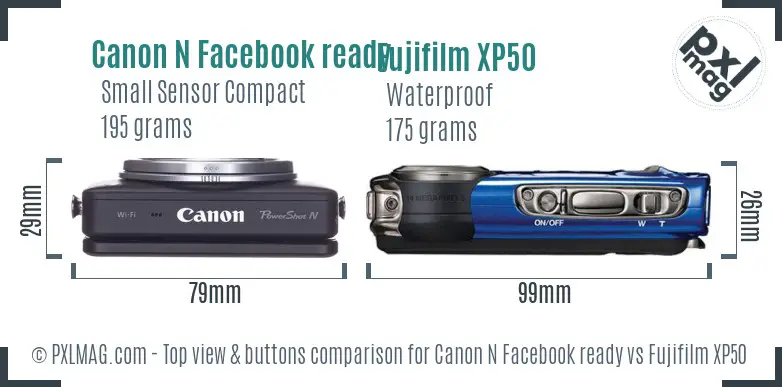 Canon N Facebook ready vs Fujifilm XP50 top view buttons comparison Canon N Facebook ready vs Fujifilm XP50 top view buttons comparison