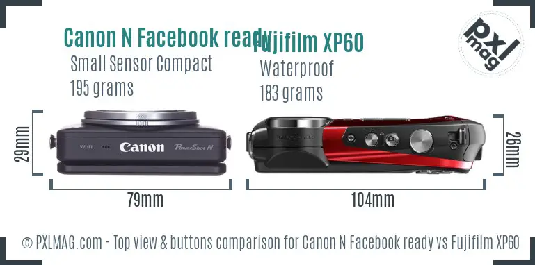 Canon N Facebook ready vs Fujifilm XP60 top view buttons comparison