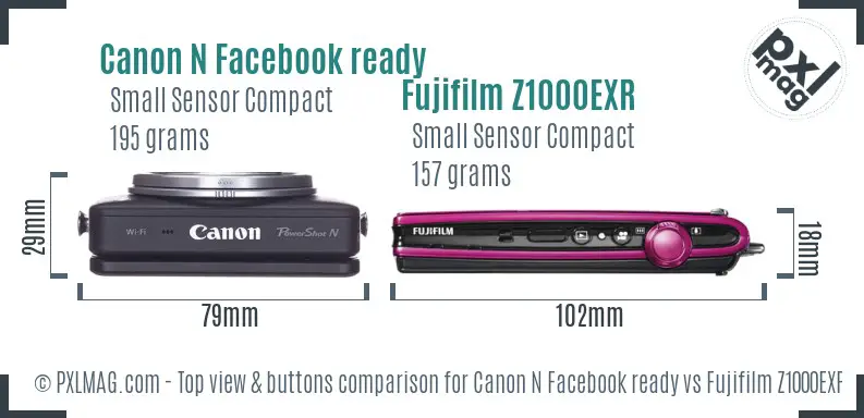 Canon N Facebook ready vs Fujifilm Z1000EXR top view buttons comparison
