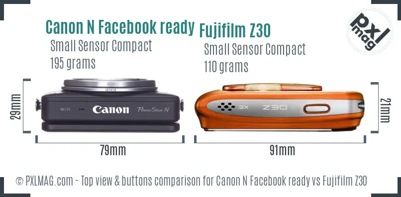 Canon N Facebook ready vs Fujifilm Z30 top view buttons comparison Canon N Facebook ready vs Fujifilm Z30 top view buttons comparison