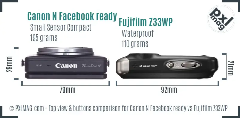 Canon N Facebook ready vs Fujifilm Z33WP top view buttons comparison