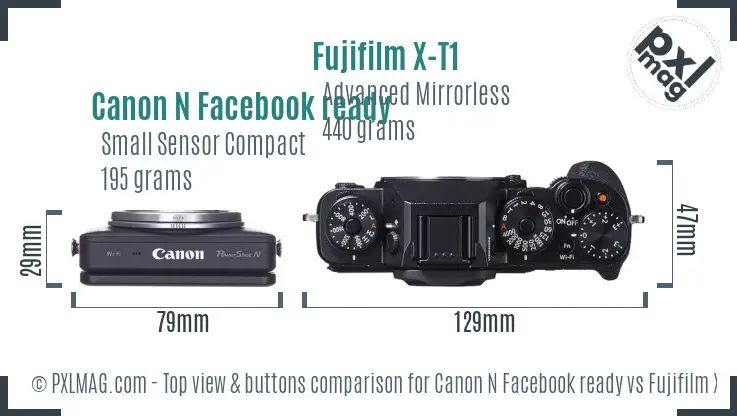 Canon N Facebook ready vs Fujifilm X-T1 top view buttons comparison