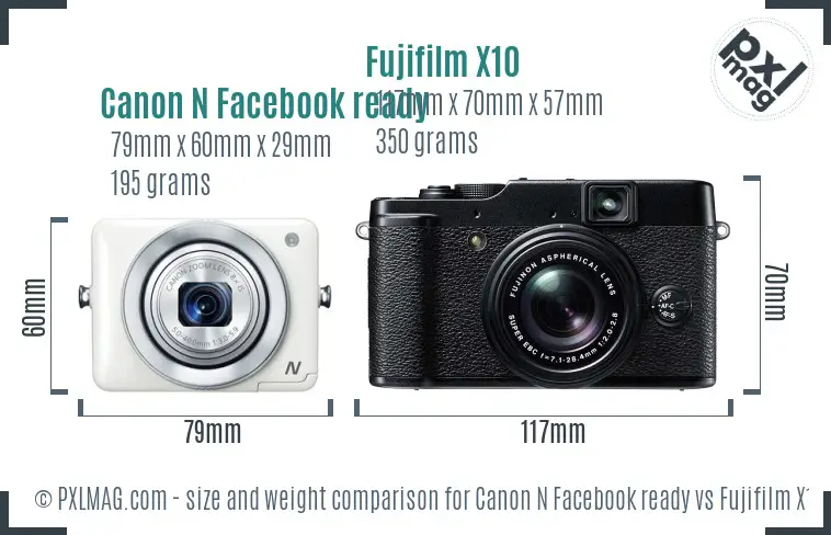 Canon N Facebook ready vs Fujifilm X10 size comparison