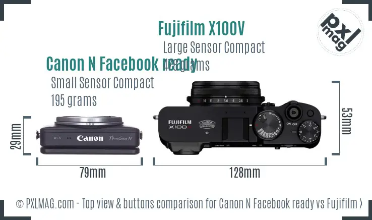 Canon N Facebook ready vs Fujifilm X100V top view buttons comparison