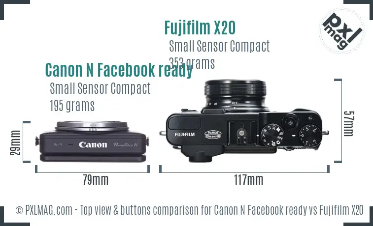 Canon N Facebook ready vs Fujifilm X20 top view buttons comparison