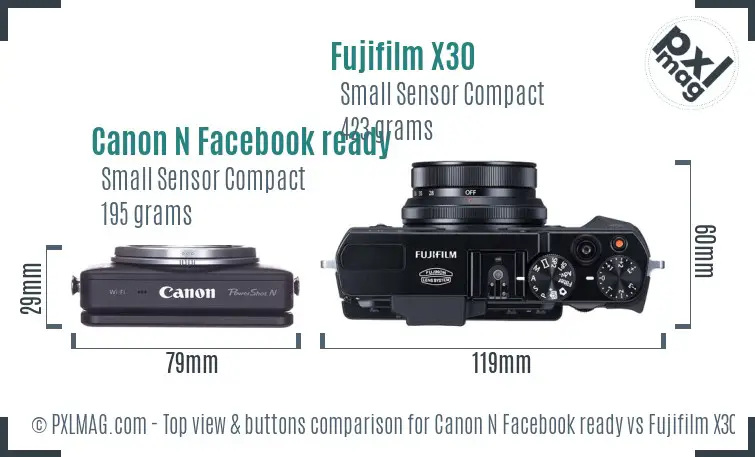 Canon N Facebook ready vs Fujifilm X30 top view buttons comparison