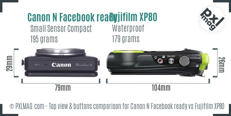 Canon N Facebook ready vs Fujifilm XP80 top view buttons comparison