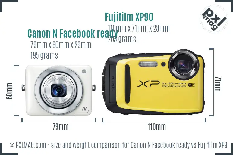 Canon N Facebook ready vs Fujifilm XP90 size comparison