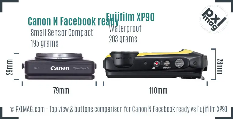Canon N Facebook ready vs Fujifilm XP90 top view buttons comparison