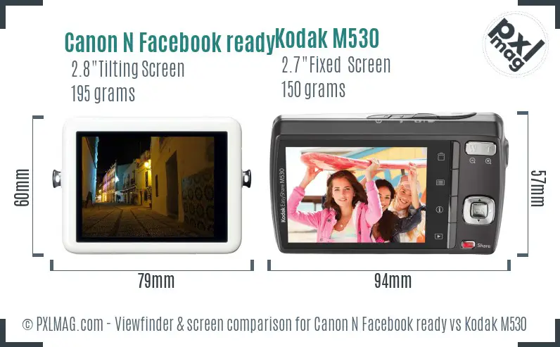 Canon N Facebook ready vs Kodak M530 Screen and Viewfinder comparison