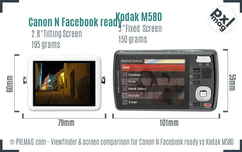 Canon N Facebook ready vs Kodak M580 Screen and Viewfinder comparison